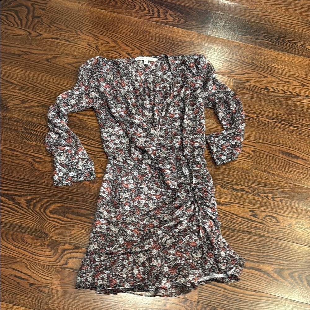 Veronica Beard Black, White & Rust Floral Long-Sleeve Wrap Dress